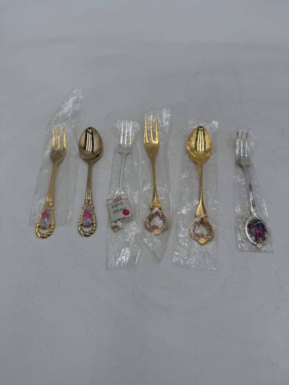 Vintage Gold Silver Mini Forks Spoons Floral Porcelain Handles Set 6